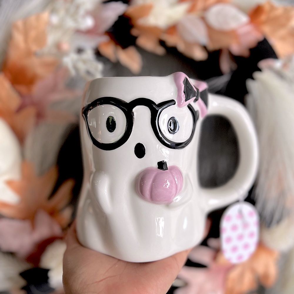 ✨NEW👻Eccolo Ghost Girl with Glasses and Pink Pumpkin Mug💖